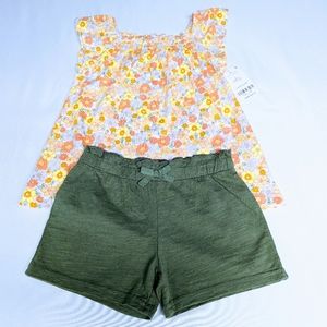Carter's 2 pc outfit sleeveless top smocking olive green shorts bow flowers